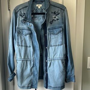 Style & Co Blue Denim Jean Jacket with Floral Details